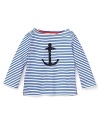Your dapper little man will make stylish waves in a nautical-inspired breton top with an anchor print from Pearls & Popcorn.