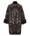 Emulate the luxurious side of the 1960s in this unbelievable animal print jacquard coat from Roberto Cavalli - Stand collar, flared sleeves with large fur cuffs, concealed button placket, straight cocoon silhouette, all-over animal print - Style with a cocktail-ready frock, metallic heels, and an embellished clutch