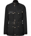 An urban cool iteration of the tried and true Trialmaster jacket, this contrast stitched Belstaff classic guarantees to take you through this seasons in style - Stand cord collar with buckle detail, long sleeves, snapped cuffs, concealed front zipper placket with snaps, snapped flap pockets, belted waist - Slim fit - Pair with jeans, a tee and motorcycle boots or with slim trousers and trainers