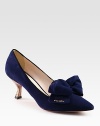 Suede point toe pumps with an etched metal kitten heel and bow adornment. Metal heel, 2½ (65mm)Suede upperPoint toeLeather lining and solePadded insoleMade in Italy