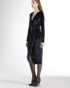 Velvet v-neck wrap dress in prussian blue with animalier effectSurplice necklineLong sleevesBanded waistConcealed back zip70% viscose/30% silkDry cleanMade in Italy of imported fabricModel shown is 5'11 (180cm) wearing US size 4. 