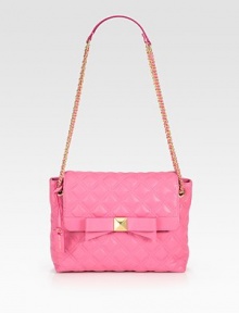 This sweet, quilted leather design features a charming bow with pyramid stud accent. Double chain and leather shoulder strap, 12 dropProtective metal feetOne open pocket under flapOne inside zip pocketCotton lining10W X 7¾H X 3DMade in Italy This sweet, quilted leather design features a charming bow with pyramid stud accent. Double chain and leather shoulder strap, 12 dropProtective metal feetOne open pocket under flapOne inside zip pocketCotton lining10W X 7¾H X 3DMade in Italy