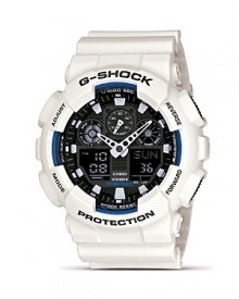 Get a watch that can keep up with everything you do. This sporty oversized digital piece from G-Shock is designed to perform, featuring a shock resistant exterior and tons of techie features.