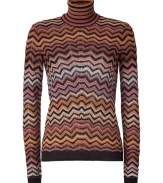 Eye-catching sweater from fashion label Missoni in super trendy 1970s colors - Features iconic Missoni zigzag pattern - Cut with a high turtleneck and fitted long sleeves with contrasting cuffs and hem - Pair for the office with a pencil skirt or with gold jewelry, wide-legged trousers and platform heels for the boho-look, or simply with jeans for everyday style