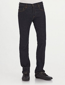 A straight, slightly slim fit in coveted raw denim that develops fades and a personalized fit over time. Five-pocket style Low rise Leather logo patch on back waist Inseam, about 34 Cotton Machine wash Made in USA A straight, slightly slim fit in coveted raw denim that develops fades and a personalized fit over time. Five-pocket style Low rise Leather logo patch on back waist Inseam, about 34 Cotton Machine wash Made in USA