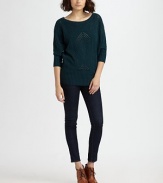 Semi-sheer boatneck with three-quarter dolman sleeves can be perfectly paired with your favorite tank and jeans. Ribbed boatneck Three-quarter dolman sleeves Ribbed cuffs and hem 60% nylon/25% viscose/15% wool Hand wash ImportedModel shown is 5'10 (177cm) wearing US size 4. 