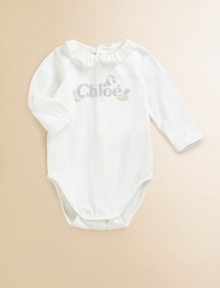 Featuring a dazzling Chloe logo, this soft cotton one-piece has a touch of stretch so it will move with her.Ruffle necklineLong sleevesBack and bottom snap closure94% cotton/6% elastaneMachine washImportedAdditional InformationKid's Apparel Size Guide Featuring a dazzling Chloe logo, this soft cotton one-piece has a touch of stretch so it will move with her.Ruffle necklineLong sleevesBack and bottom snap closure94% cotton/6% elastaneMachine washImportedAdditional InformationKid's Apparel Size Guide