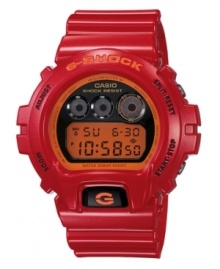 Shock and awe with a dramatic, sporty watch by G-Shock. Red resin strap and round case. Logo at bezel. Shock-resistant, digital display dial with EL backlight, flash alert, multifunction alarm, countdown timer and stopwatch. Quartz movement. Water resistant to 200 meters. One-year limited warranty.