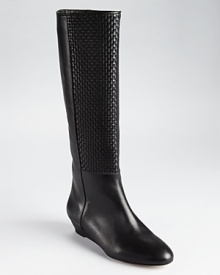 Waving weaves lend textural appeal to Loeffler Randall's Matilde boots, a tall, streamlined silhouette with a subtle wedge heel. Waving weaves lend textural appeal to Loeffler Randall's Matilde boots, a tall, streamlined silhouette with a subtle wedge heel.