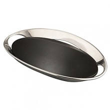 Surrounded by a gleaming oval metal ring that slopes toward a dramatic base of black granite, Neil Cohen has fashioned a tray bar none. Part of the initial series of the Nambé Rocks Collection, the Bar Tray is a ruggedly elegant, first-time pairing of sleek granite and signature Nambé alloy. Evoking the majestic Southwest, it makes a distinctive gift for bar-keeping connoisseurs. The tarnish-resistant metal polishes to an enduring, silvery luster. Surrounded by a gleaming oval metal ring that slopes toward a dramatic base of black granite, Neil Cohen has fashioned a tray bar none. Part of the initial series of the Nambé Rocks Collection, the Bar Tray is a ruggedly elegant, first-time pairing of sleek granite and signature Nambé alloy. Evoking the majestic Southwest, it makes a distinctive gift for bar-keeping connoisseurs. The tarnish-resistant metal polishes to an enduring, silvery luster.