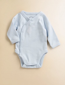 Supersoft cotton one-piece with long sleeves and snaps to the bottom for easy on and off.V-neckline Embroidered armored knight on chest Bottom snap closure Cotton Machine wash Imported Supersoft cotton one-piece with long sleeves and snaps to the bottom for easy on and off.V-neckline Embroidered armored knight on chest Bottom snap closure Cotton Machine wash Imported
