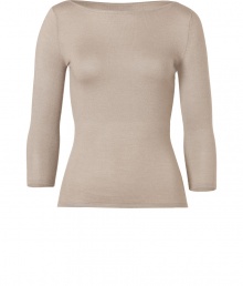 Luxe basics anchor any modern wardrobe, and Ralph Laurens sand-hued pullover proves an elegant indispensable - Sumptuously soft cashmere and silk knit blend - Fitted, feminine cut tapers through waist - 3/4 sleeves and flattering boatneck - Versatile and polished, seamlessly goes from work to weekend - Pair with everything from pencil skirts and suit trousers to skinny denim and leather pants