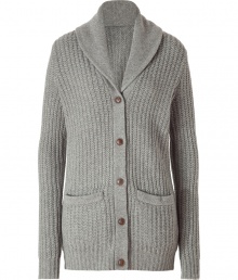 Anything but frumpy, this classic shawl cardigan is rendered in a luxe cashmere and merino blend - Shawl collar, long sleeves, front button placket, patch pockets, long body - Pair with leather leggings, skinny jeans, or a pencil skirt