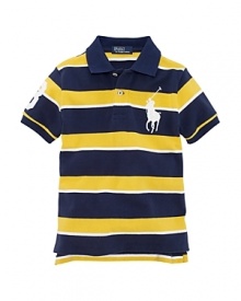 The essential striped cotton mesh polo is detailed with an embroidered Big Pony and a twill 3 for preppy, in-the-game style. The essential striped cotton mesh polo is detailed with an embroidered Big Pony and a twill 3 for preppy, in-the-game style.