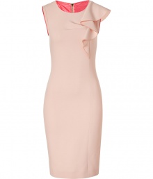 Elevate your daytime style in this figure-hugging feminine sheath from Emilio Pucci - Round neck, sleeveless, pleat detail at bust, asymmetrical ruffle detail at shoulder, fitted silhouette, exposed back zip closure - Wear with nude fishnets and platform pumps