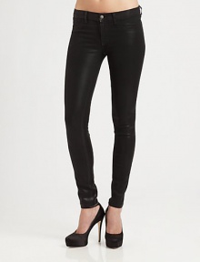 Gleaming, leather-like leggings in a low-rise silhouette. THE FITSkinny fitLow rise, about 7Inseam, about 30THE DETAILSButton closureZip flyFour-pocket style77% cotton/21% polyester/2% spandexMachine washMade in USA of imported fabricModel shown is 5'10 (177cm) wearing US size 4.This style runs true to size. We recommend ordering your usual size for a standard fit. 