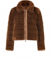 Finish your look on a luxe note with Moschino C&Cs rich brown faux fur jacket, detailed with a vintage-style silhouette for that impossibly glamorous feel - Spread collar, long sleeves, two-way front zip, side slit pockets - Cropped, softly tailored fit - Wear with sheath dresses and platform pumps for cocktails