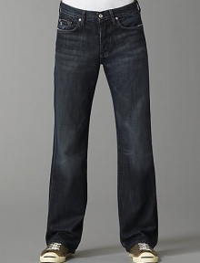 Soft Italian cotton denim in a dark blue denim with subtle fading and whiskering detail. Fading has a slight brown cast Straight-leg, relaxed fit Button fly Five-pocket style Slight distressing on pockets Signature squiggle stitching on back pockets Inseam, about 33¼ Machine wash Made in USA Soft Italian cotton denim in a dark blue denim with subtle fading and whiskering detail. Fading has a slight brown cast Straight-leg, relaxed fit Button fly Five-pocket style Slight distressing on pockets Signature squiggle stitching on back pockets Inseam, about 33¼ Machine wash Made in USA