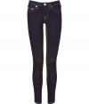 Elevate your go-to closet staples with these ultra-skinny jean leggings from True Religion - Five-pocket styling, logo detailed back pockets, slim fit, dark wash denim with contrast stitching - Style with an oversized asymmetrical tee and embellished ballet flats