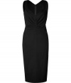 Understated yet incredibly chic, this Donna Karan cocktail dress turns up the heat without demanding too much attention - V-neck, sleeveless, front gathered draped detailing, side pleats, seaming detail, concealed back zip closure - Style with statement sandals, a draped front leather jacket, and a studded clutch