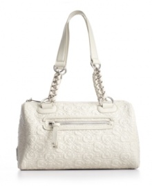 Wear your heart on your shoulder with this Free Love satchel by Jessica Simpson. A quilted heart print exterior is accented with silvertone hardware and chain detailed straps. Wear your heart on your shoulder with this Free Love satchel by Jessica Simpson. A quilted heart print exterior is accented with silvertone hardware and chain detailed straps.