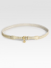 Brilliantly gilded, a skinny belt with an iconic Lilly Pulitzer charm.About .75 widePVCImported Brilliantly gilded, a skinny belt with an iconic Lilly Pulitzer charm.About .75 widePVCImported