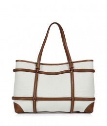 Carry your essential items in style with this ultra-luxe leather and linen tote from Valentino - Classic carryall shape, two adjustable shoulder straps, leather trim, embossed leather logo detail - Perfect for everyday use or for chic traveling Carry your essential items in style with this ultra-luxe leather and linen tote from Valentino - Classic carryall shape, two adjustable shoulder straps, leather trim, embossed leather logo detail - Perfect for everyday use or for chic traveling
