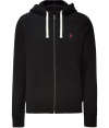 Sporty separates are casual wardrobe essentials, and this Polo Ralph Lauren black cotton fleece zip up has enduring appeal - Slim, straight cut - Classic hoodie style, with drawstrings, kangaroo pockets and full zipper - Banded waist and cuffs - Embroidered polo pony logo at chest - Easy and indispensable, perfect for pairing with jeans, chinos, shorts or sweatpants