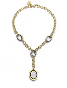 THE LOOKOval bull's eye design and contrasting linksMother of pearl and enamel details18k electroplated gold and stainless steel linksLobster clasp with logo charmTHE MEASUREMENTPendant drop, about 2¾Length, about 17ORIGINMade in Italy