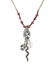 Snake charmer. A sleek serpent motif sets the tone for Lucky Brand's exotic charm necklace. Adorned with rock crystals and freshwater pearls, it's set in gold tone and silver tone mixed metal. Approximate length: 21 inches + 2-inch extender. Approximate drop: 3-1/10 inches.