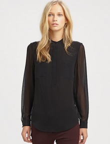 A sheer back and hi-lo hem lend a modern edge to this elegant, silky design. Banded round necklineLong button cuff sheer sleevesConcealed front button placketHi-lo hemSheer back panelAbout 29 from shoulder to hemSilkDry cleanImportedModel shown is 5'10 (177cm) wearing US size 4. A sheer back and hi-lo hem lend a modern edge to this elegant, silky design. Banded round necklineLong button cuff sheer sleevesConcealed front button placketHi-lo hemSheer back panelAbout 29 from shoulder to hemSilkDry cleanImportedModel shown is 5'10 (177cm) wearing US size 4.