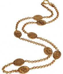Luxe gold-plated necklace from Chanel Vintage Jewelry - Costume pieces are all original creations from the 70s, 80s and 90s - Long, elegant medium-width chain - Oval coins feature sun and discreet logo detail - Seriously chic and perennially stylish - Versatile and sophisticated, goes with everything from cocktail dresses and more casual sheaths to jeans and button downs Luxe gold-plated necklace from Chanel Vintage Jewelry - Costume pieces are all original creations from the 70s, 80s and 90s - Long, elegant medium-width chain - Oval coins feature sun and discreet logo detail - Seriously chic and perennially stylish - Versatile and sophisticated, goes with everything from cocktail dresses and more casual sheaths to jeans and button downs