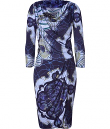 Take an iconic stance on sophistication this season in Emilio Puccis tonal blue graphic print cowl neck dress - Draped cowl-neckline, 3/4 sleeves, gathered draped bodice, wrapped skirt, pull-over style - Form-fitting - Pair with a snakeskin clutch and pointy-toe pumps