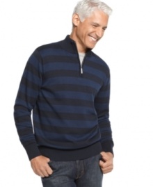 Sporty meets sophisticated in this classic rugby-striped sweater from Geoffrey Beene. Sporty meets sophisticated in this classic rugby-striped sweater from Geoffrey Beene.