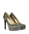 Stylish, sophisticated pumps in fine, gray leather - Glamorous snakeskin print adds drama - Features leg-lengthening platform and high stiletto heel - Creates an appearance of small, narrow foot - Perfect for a cocktail dress or with skirts and skinny jeans