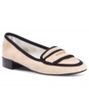 An adorable experiment in contrast. RACHEL Rachel Roy's Mckenna flats are trimmed in contrasting grosgrain ribbon trim and feature a mini stacked heel. (Clearance)