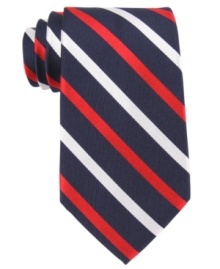 Put a little patriotism into your day with this red, white and blue striped silk tie from Tommy Hilfiger. Put a little patriotism into your day with this red, white and blue striped silk tie from Tommy Hilfiger.