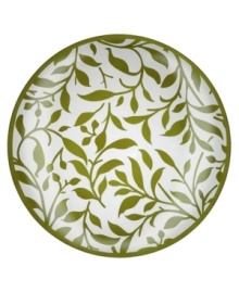 Silhouetted vines unfurl from a band of green on this softly frosted crystal platter, bringing a fresh hint of the outdoors to your table. Its simple round shape is etched for fresh earthy allure. Qualifies for Rebate