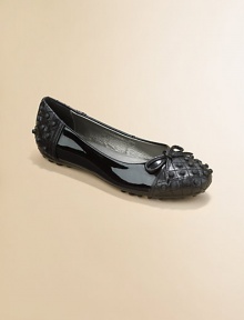 Glossy patent leather and suede ballerina shoes with textural rubber nubbin detail on toe caps and heels.Patent leather and suede upperRubber nubbin detail at toe cap, heelElastic bow at frontPadded insoleLeather liningNubbed rubber soleImportedAdditional InformationKid's Shoe Size Guide (European Equivalent) Glossy patent leather and suede ballerina shoes with textural rubber nubbin detail on toe caps and heels.Patent leather and suede upperRubber nubbin detail at toe cap, heelElastic bow at frontPadded insoleLeather liningNubbed rubber soleImportedAdditional InformationKid's Shoe Size Guide (European Equivalent)