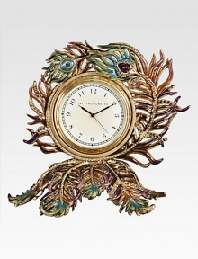 Swirling peacock feathers, in gloriously colored enamel and jewel-toned Swarovski crystals, surround an elegant clock for a luxurious accent on a mantle or night table.Quartz movementEnamel and crystalHandmade, hand-enameled and hand-set4.75L X 4.25H X 3DMade in USA Swirling peacock feathers, in gloriously colored enamel and jewel-toned Swarovski crystals, surround an elegant clock for a luxurious accent on a mantle or night table.Quartz movementEnamel and crystalHandmade, hand-enameled and hand-set4.75L X 4.25H X 3DMade in USA