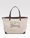 Linen tote with detachable pocket, leather trim, vintage gucci trademark, and light goldtone hardware.Double braided handles, 8 drop Push lock closure Fully lined 20½W X 12½H X 7D Made in Italy