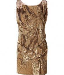 Luxurious cocktail dress in fine silk - Embroidered all over with soft shiny, gold-colored sequins - Slim silhouette, refined draping and gathering - Feminine scoop neck d?collet? (also on the back) and moderately wide straps - Sexy short mini skirt - A dream gown for extravagant appearances - Wear with strappy sandals or platform pumps and an exclusive clutch