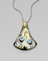 A graceful, bell-shaped pendant of hand-sculpted, hand-painted Lucite reflects the exotic patterns an rich colors of a peacock feather, and hangs from a bold box chain with a Swarovski crystal-set bale.LuciteCrystalGoldtoneBronze and gunmetal platedLength, about 18 with 3 extenderLobster claspMade in USA