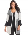 Cozy up to the chic comfort of Debbie Morgan's colorblocked plus size cardigan-- it's a staple for the season!