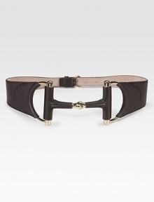 Wide leather style, with horsebit front buckle, tapers to a buckled back.Light goldtone hardware About 3 wide Made in Italy Wide leather style, with horsebit front buckle, tapers to a buckled back.Light goldtone hardware About 3 wide Made in Italy
