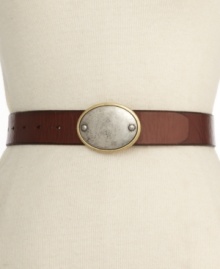 Add vintage appeal to your already chic look with this plaque-topped leather belt from Fossil. Team them up with some high boots for a kickin' look. Add vintage appeal to your already chic look with this plaque-topped leather belt from Fossil. Team them up with some high boots for a kickin' look.