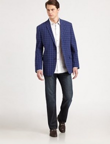 Polished seersucker plaid design features two-button styling and contrast piping along the pockets.Notched collar with button hole detail on the lapelTwo-button frontLong sleeves with button cuffsDual flap pocketsAbout 32 from shoulder to hemCottonDry cleanImported Polished seersucker plaid design features two-button styling and contrast piping along the pockets.Notched collar with button hole detail on the lapelTwo-button frontLong sleeves with button cuffsDual flap pocketsAbout 32 from shoulder to hemCottonDry cleanImported