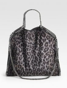 An animal printed faux suede style with shiny link chain trim in a chic fold-over design that follows the brand's vegetarian initiatives.Double chain top handles, 5 dropChain shoulder strap, 11 dropMagnetic snap closureOne inside zip pocketFully lined14W X 14½H X 3DMade in Italy An animal printed faux suede style with shiny link chain trim in a chic fold-over design that follows the brand's vegetarian initiatives.Double chain top handles, 5 dropChain shoulder strap, 11 dropMagnetic snap closureOne inside zip pocketFully lined14W X 14½H X 3DMade in Italy