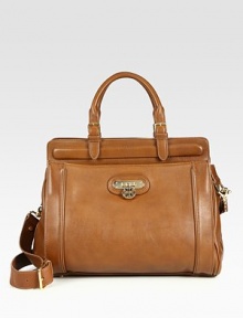 Smooth, supple leather shapes and defines this structured satchel with signature logo hardware detail.Double top handles, 4-6 dropAdjustable shoulder strap, 15-17 dropZip closureOne outside open pocketOne outside zip pocketThree inside compartmentsOne inside zip pocketTwo inside open pocketsOne detachable mirrorProtective metal feetCotton liningLeather13W x 12H x 7DMade in Italy