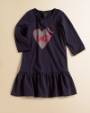 Her love for all things LMJ sings from the front of this sweet, easy knit frock.Ribbed scoop necklineLong sleeves with ribbed trimDropped waist with ruffled skirtMouse logo screen at back neckCottonMachine washImported